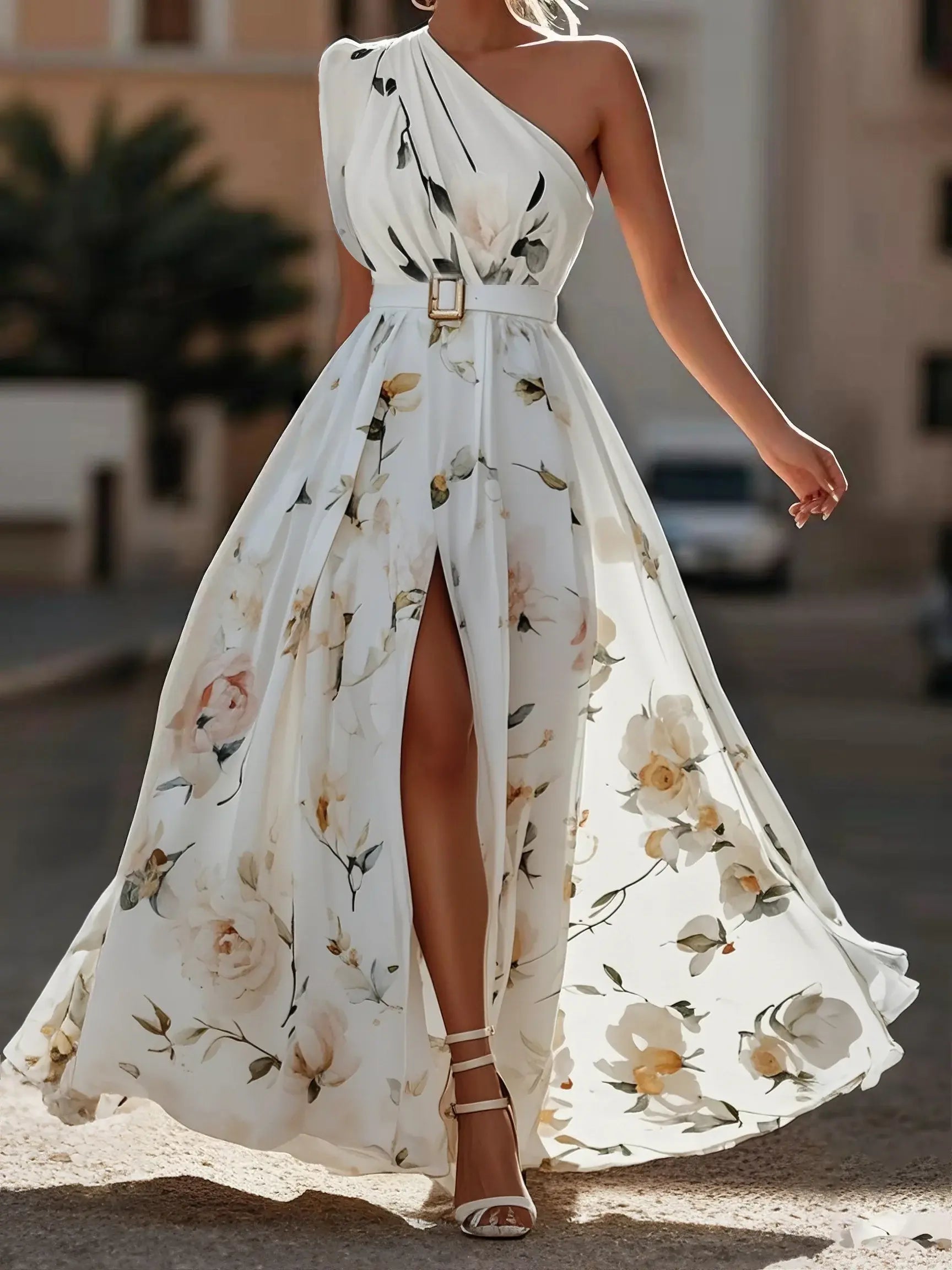 Weitese Dress Light Green Floral Ruched One Shoulder A-Line Maxi Chiffon Romantic Flower Printed Dress Maxi Dress